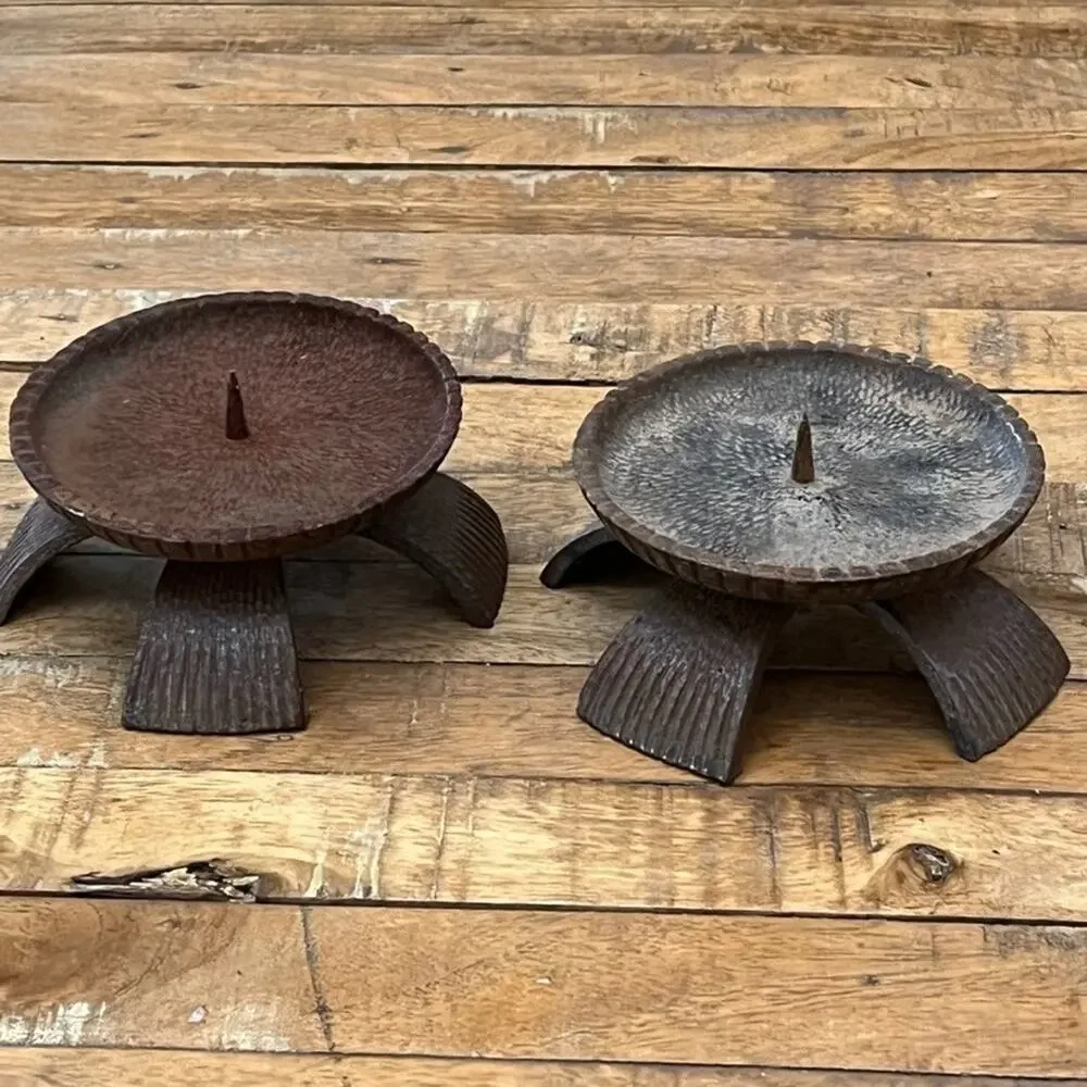 Vintage Set of 2 Metal Tripod Candle Holders Brutalist Mid-Century-Modern